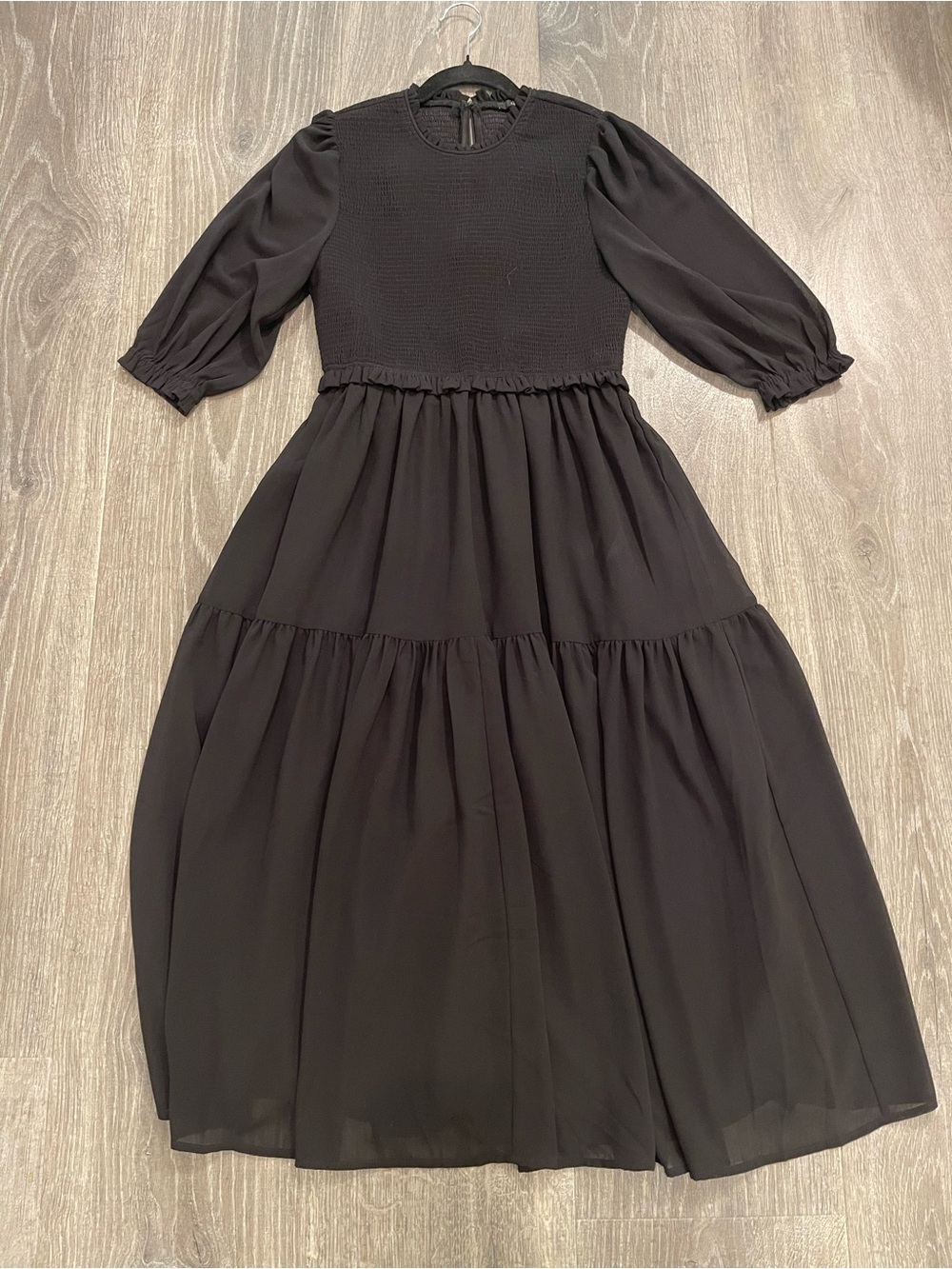 Forever 21 Black Tiered Midi Dress with Smocked Bodice and Puff Sleeves